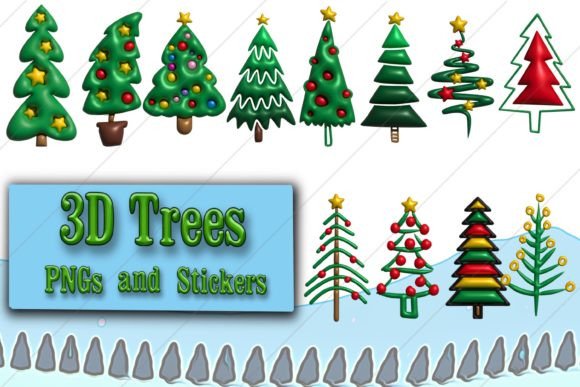 3D Christmas Trees-PNGs and Stickers for Brand Illustrations