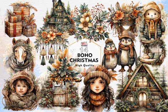 Boho Christmas Sublimation Clipart PNG for Modern Illustrations