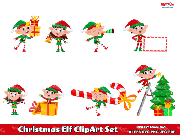Christmas Elf Cartoon ClipArt Set for Modern Illustrations