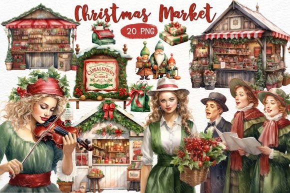 Christmas Market Watercolor Clipart PNG for Illustrations