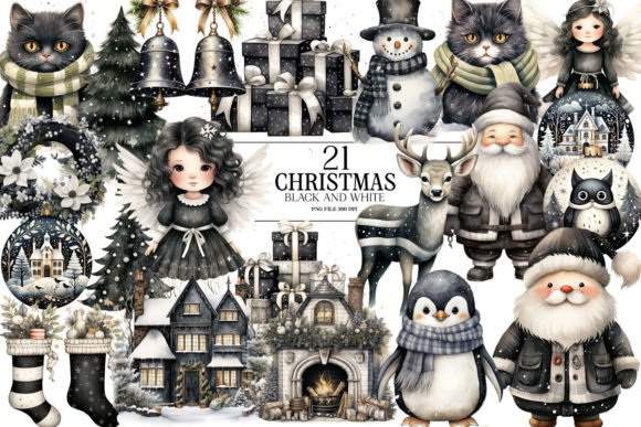 Cute Black and White Christmas Clipart for Modern Illustrations