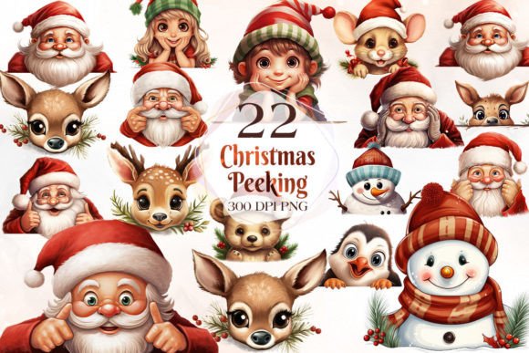 Funny Christmas Peeking Clipart Bundle: Modern Illustrations for Holiday Campaigns