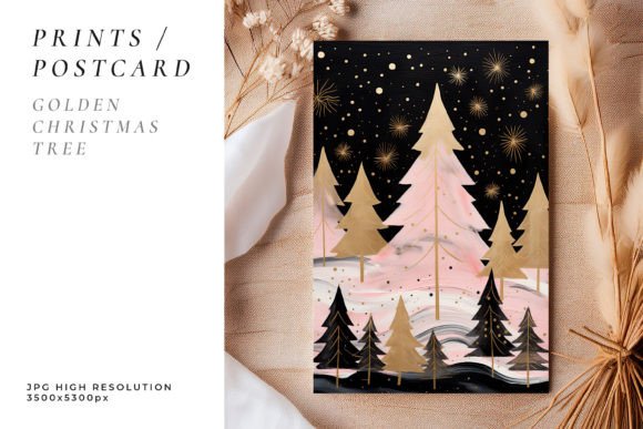 Golden Christmas Tree Postcard: Premium Illustrations for Sellers