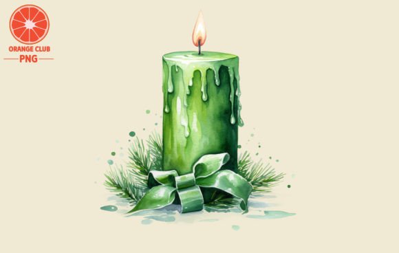 Green Christmas Candle Watercolor for Seasonal Illustrations