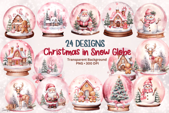 Pink Christmas in Snow Globe Clipart for Illustrations