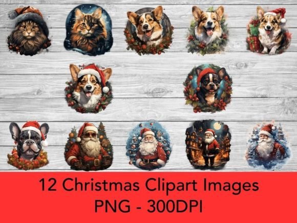 Santa, Dogs, Cats Christmas Clipart 01: Festive Illustrations for Local Brands