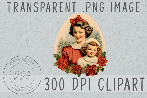 Vintage Retro Christmas Mom Child Illustrations for Editors