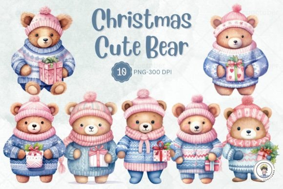 Watercolor Christmas Cute Bear Clipart for Illustrations