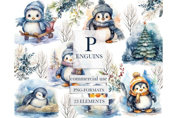 Watercolor Christmas Penguin Clipart for Festive Illustrations