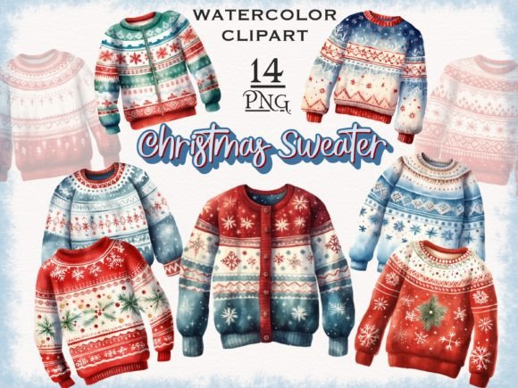 Watercolor Christmas Sweater PNG Bundle for Festive Illustrations